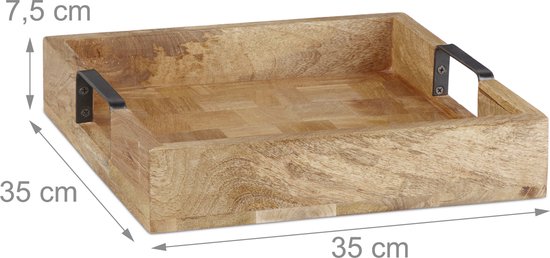 Houten dienblad met handgrepen, afmetingen 35x35x7,5 cm.