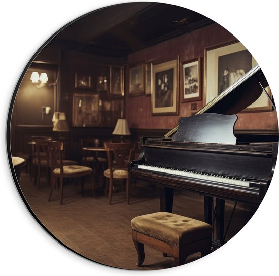 Dibond Muurcirkel - Cafe - Tafels - Stoelen - Hout - Piano - Muziek - 20x20 cm Foto op Aluminium Muurcirkel (met ophangsysteem)