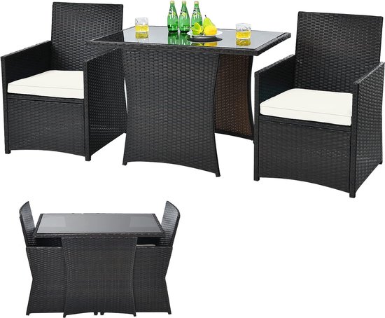COSTWAY 3-delige Rotan Tuinset – 2 Stoelen + Tafel Met Glazen Blad En Kussens