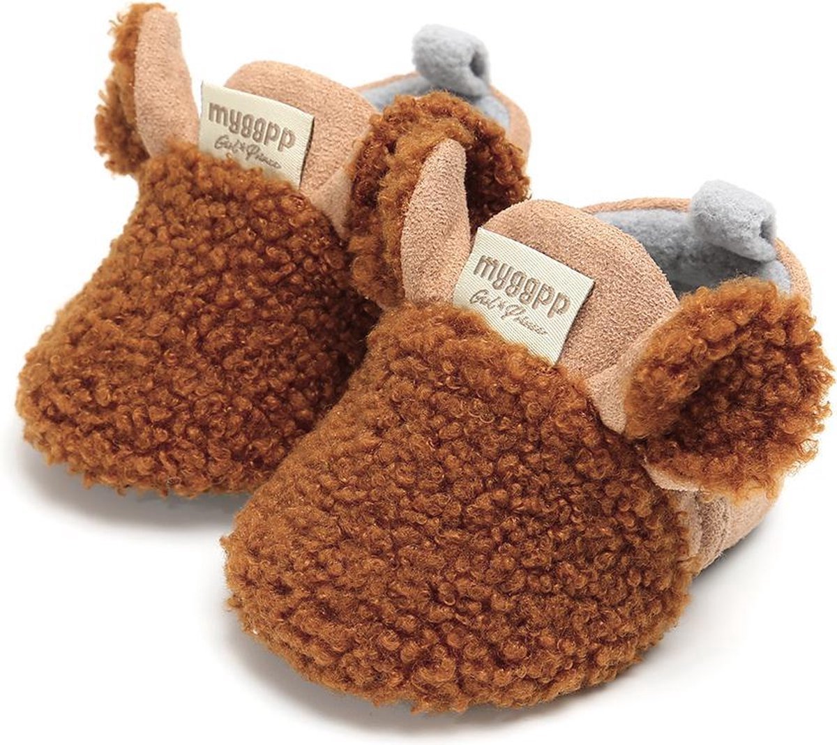 Babyslofjes - Antislip – Fleece voering - Slofjes voor je baby, dreumes voor jongens en meisjes – 6-12 Maanden (12cm) - Bruin