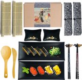Sushi set compleet 14 delig - 2x sushi eetstokjes, 2x eetstokjes pads, 2x servies zakjes, 2x sauskommen, 2x borden, 2x bamboe sushi mat, 1x paddy paddle, 1x rijst shaker