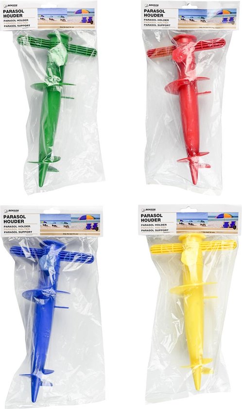 Vier parasolhouders in verpakking: groen, rood, blauw en geel.