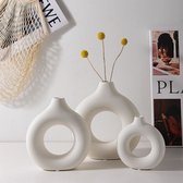 Sans Citron - Set de 3 - Vases Nordiques en Céramique - Beignet Creux - Moderne - Décoration Intérieure - 13 / 19 / 23,5 CM - Wit