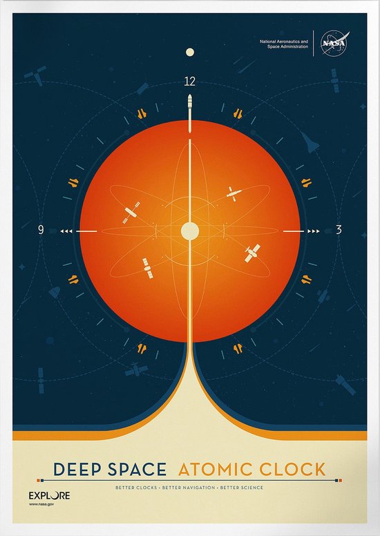Horloge Atomic de l'espace profond (Orange) | Espace, astronomie et Voyage spatial Poster | A3 : 30x40 cm