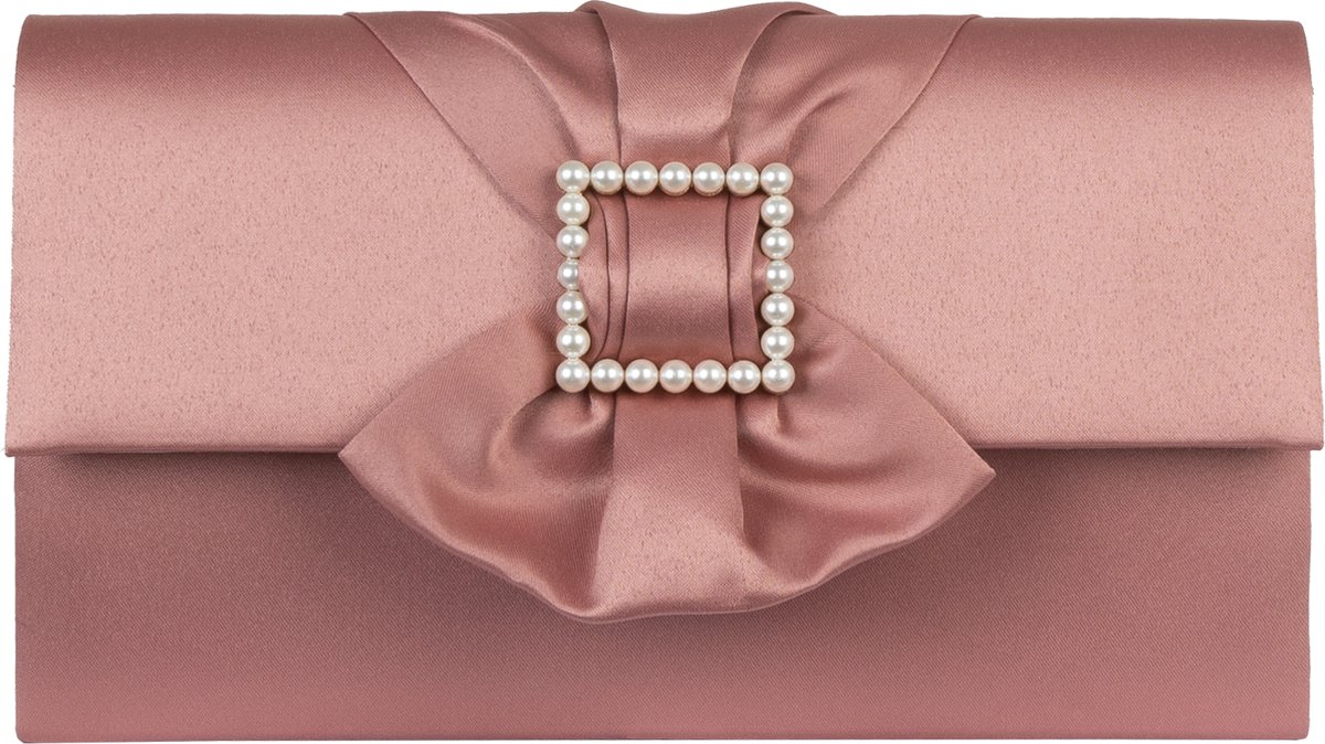 Bow envelop voor Dames / Schoudertas - Satijn met parel gesp - Oud Roze/ Avondtasje met schouderriem/ Effen Clutch handtasjes