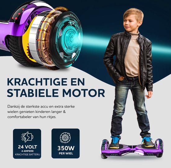 Ampes Hoverboard - Bluetooth Speaker - 24V 4.0 Ah Accu - Oxboard - 12 km/h - UL2272 Gecertificeerd - LED Verlichting - Anti lek banden - Belastbaar tot 120KG - 6.5 Inch - Inclusief Draagtas - 700W Wielen - Chroom Paars + Hoverkart
