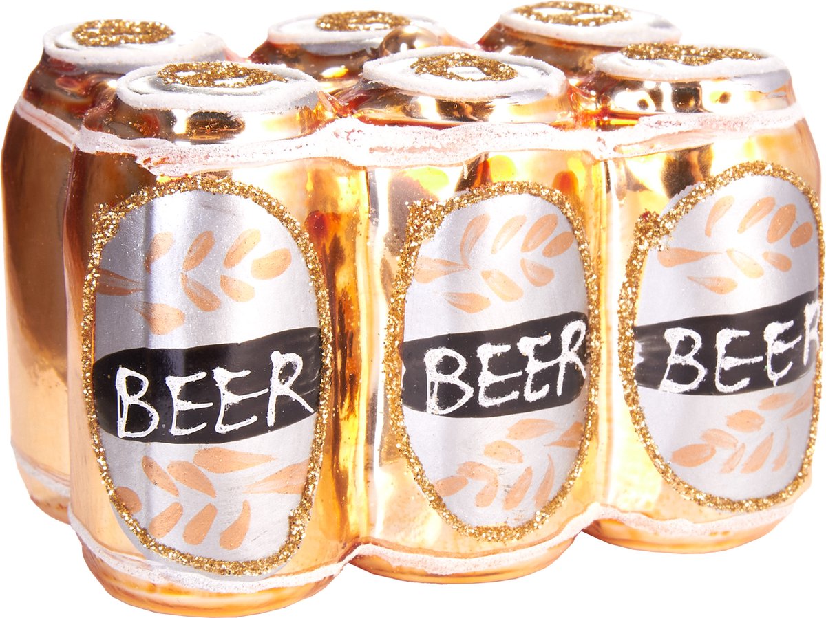 Brubaker Bier In Blik Six-Pack Goud - Handbeschilderde Kerstballen van Glas - Handgeblazen Kerstboomversieringen Figuren Grappige Decoratieve Hangers Boombal - 8 cm Bier blikjes