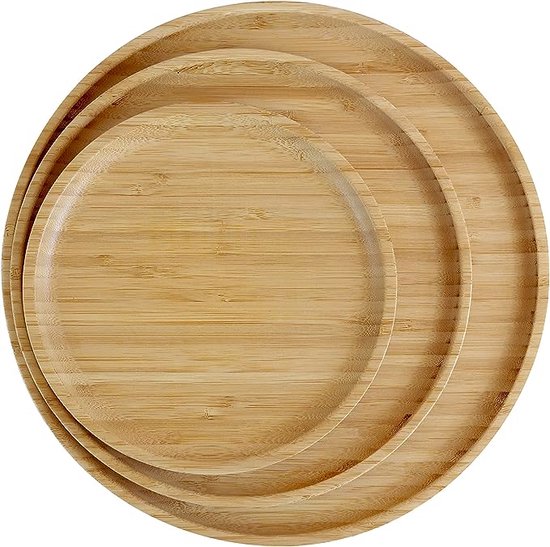 pandoo Herbruikbare bamboeborden, 100% bamboeborden, ronde houten borden, bamboe-decoratie, dinerborden, serviesset, houten borden, herbruikbare borden, set van 4 x 25 cm