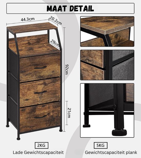 Vintage Hoekkast - Opbergkast met 3 laden, hoekkast, vintage dressoir, kast, opbergkast, organizer voor woonkamer, slaapkamer, hal, keuken, kantoor, hout, staal, bruin, zwart van Vintage — afbeelding 2