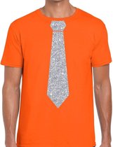 Oranje fun t-shirt met stropdas in glitter zilver heren M