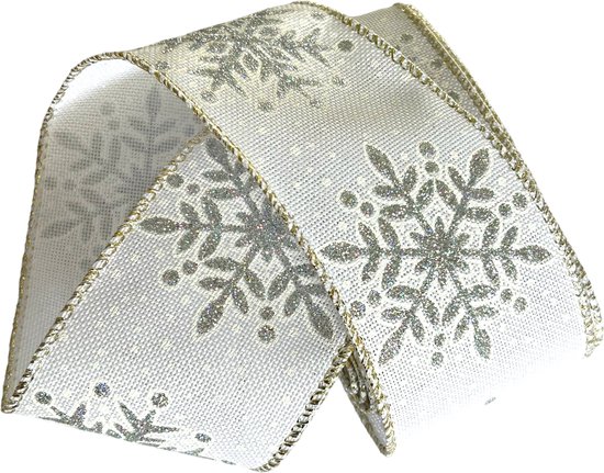 Lint met IJzerdraad | Jute Burlap Linnen Look Lint | Luxe Weefband 63mm (6,3cm) | Wit Zilver Goud Glitter Sneeuwvlok Kerst Lint | Kerstlint | Stoffen Lint | Decoratielint | Cadeaulint | Lengte: 3 Meter