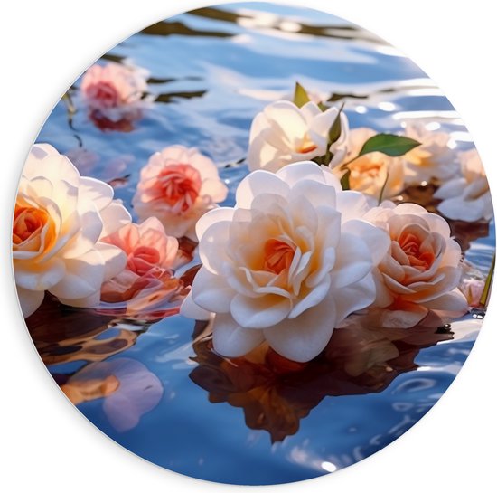 PVC Schuimplaat Muurcirkel - Camellia Bloemen in het Water - 90x90 cm Foto op Muurcirkel (met ophangsysteem)