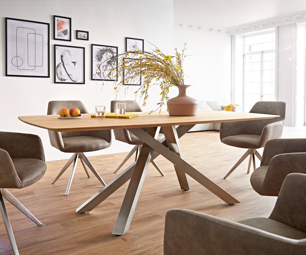 Eetkamertafel Edge Boot eiken natuur 200x100x2,5-3 kruisframe rechthoek roestvrij staal Zwitserse rand