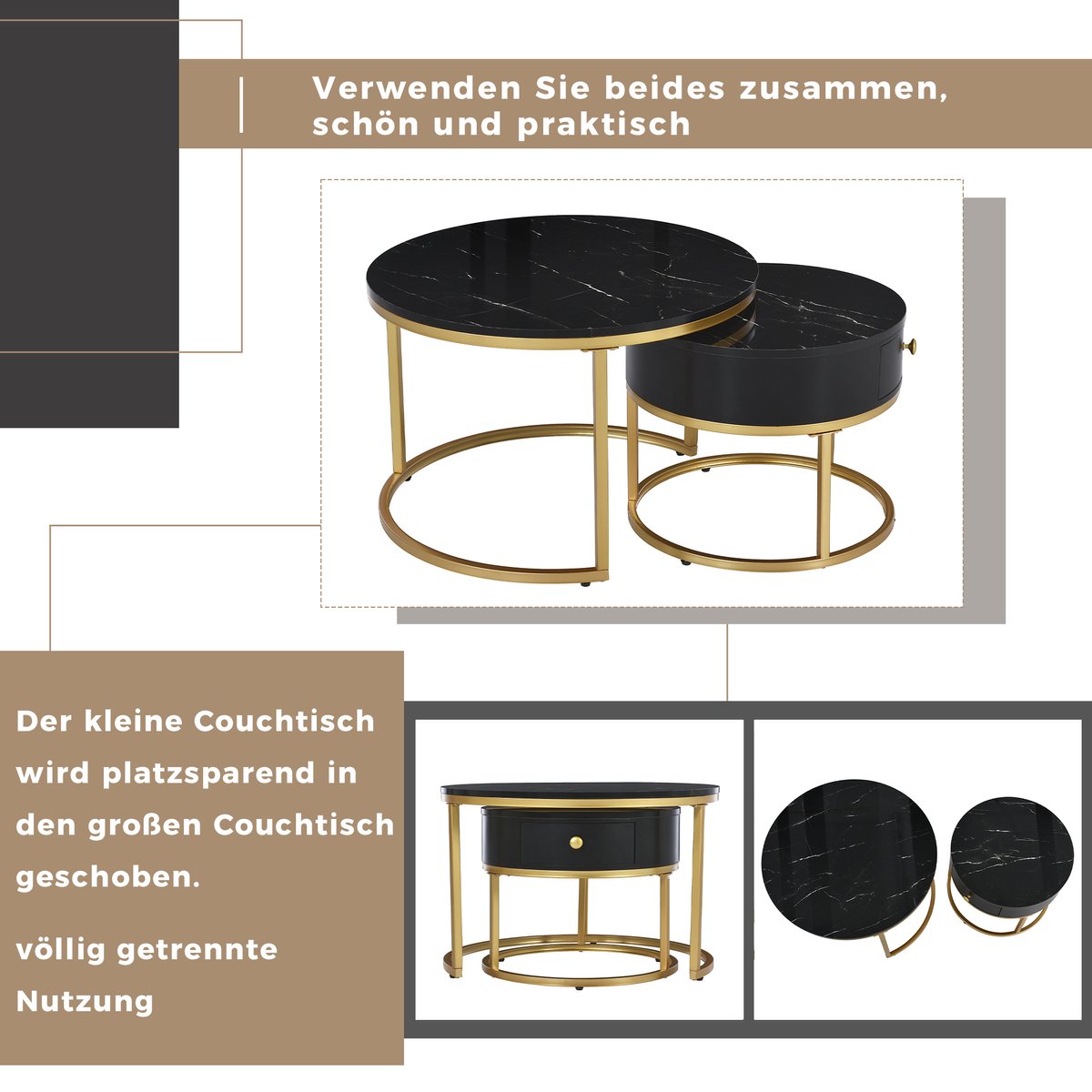 Salontafel Doblo Rond - Set van 2 Goud - Bruin Marmer