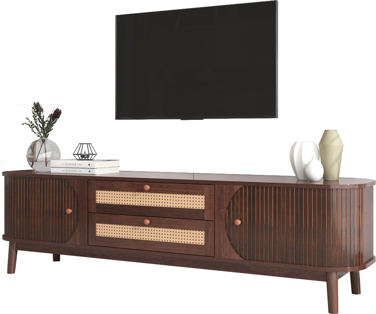 Merax Rotan TV Meubel van Hout - Kast met Schuifdeuren en Lades - Bruin