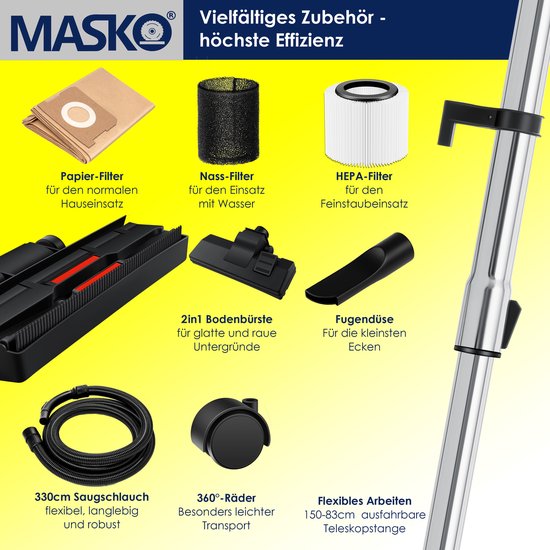 Overzicht van het uitgebreide toebehoren van de industriële stofzuiger: filters, zuigmonden, slangen.