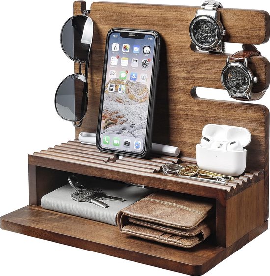 Gepersonaliseerde houten dockingstation: organizer voor meerdere telefoons, horloges en parkeerservice - België