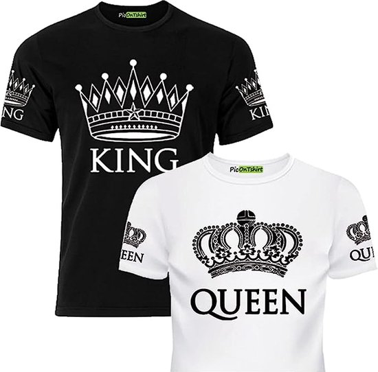 PicOnTshirt - Teetalks Series - T-Shirt Dames - T-Shirt Heren - T-Shirt Met Print - Couple T-Shirt Met King and Queen Print - 2 Pack - Zwart - Heren L/Dames XS