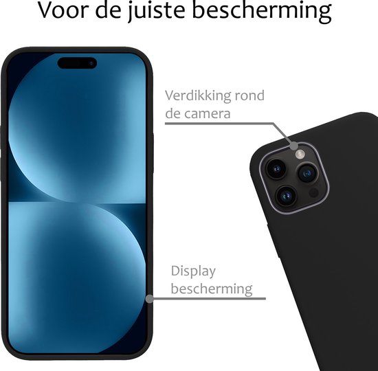 Zwarte iPhone 15 Pro hoes, met verhoging rond de camera en display bescherming.