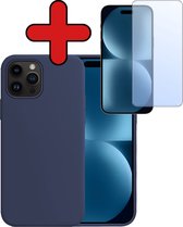 Hoesje Geschikt voor iPhone 15 Pro Hoesje Siliconen Case Hoes Met Screenprotector - Hoes Geschikt voor iPhone 15 Pro Hoes Cover Case - Donkerblauw