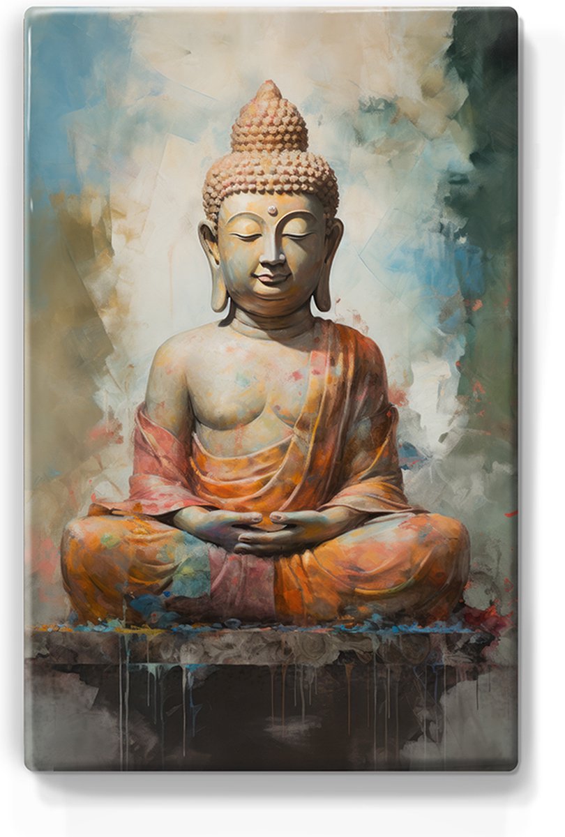 Boeddha in oranje gewaad - Laqueprint - 19,5 x 30 cm - Niet van echt te onderscheiden handgelakt schilderijtje op hout - Mooier dan een print op canvas. - LP538
