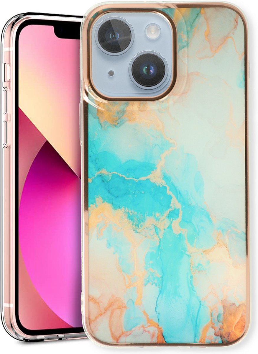 Casemania Hoesje Geschikt voor Apple iPhone 15 Plus - Aqua - Siliconen Marmer Back Cover
