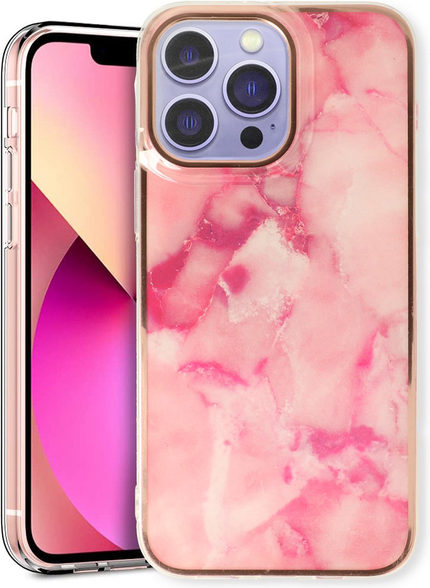 Casemania Hoesje Geschikt voor Apple iPhone 15 Pro - Roze - Siliconen Marmer Back Cover