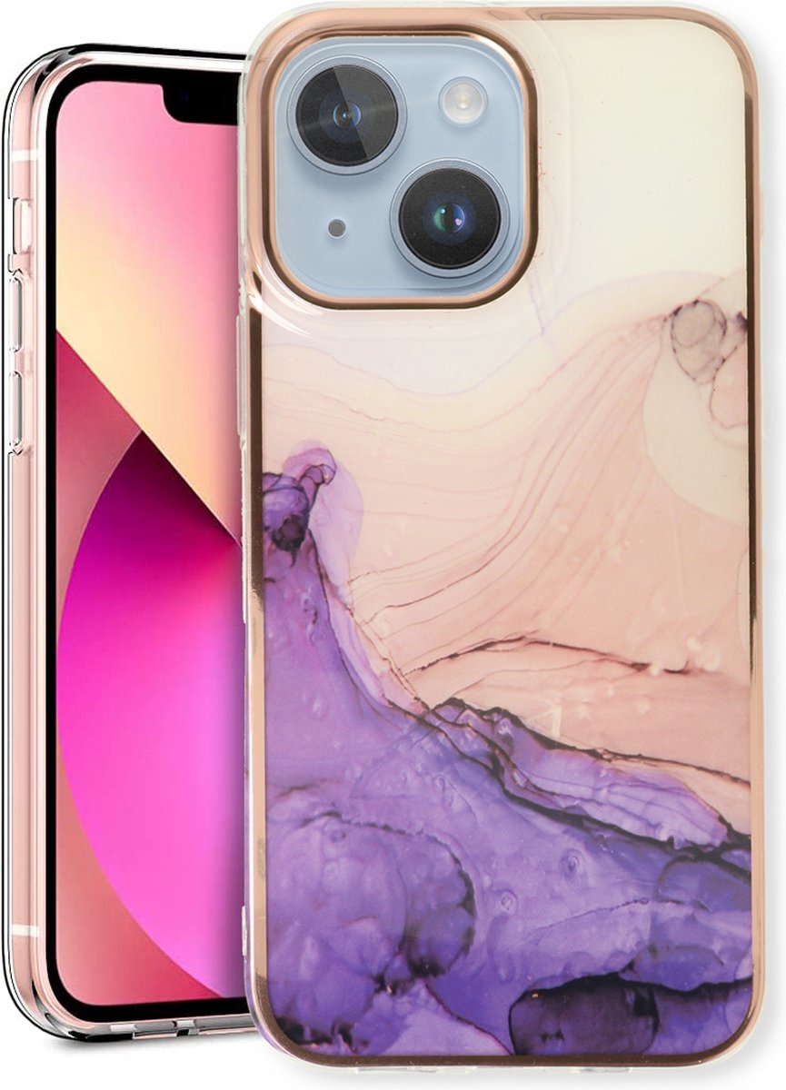 Casemania Hoesje Geschikt voor Apple iPhone 15 Paars - Siliconen Marmer Back Cover