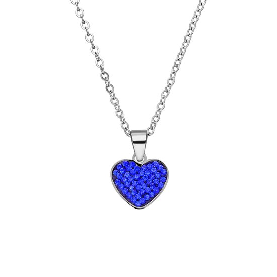 Lucardi Dames Stalen ketting hart met kristal sapphire - Ketting - Staal - Zilverkleurig - 47 cm