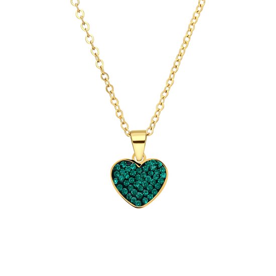 Lucardi Dames Stalen goldplated ketting hart met kristal emerald - Ketting - Staal - Goudkleurig - 47 cm