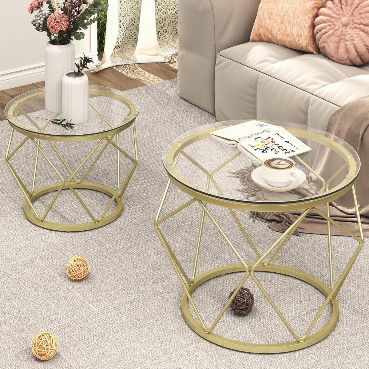 Salontafels, set van 2 bijzettafels, geometrische woonkamertafel met mandfunctie, decoratief, robuust, stalen frame, voor woonkamer, slaapkamer, goud 01801GCT