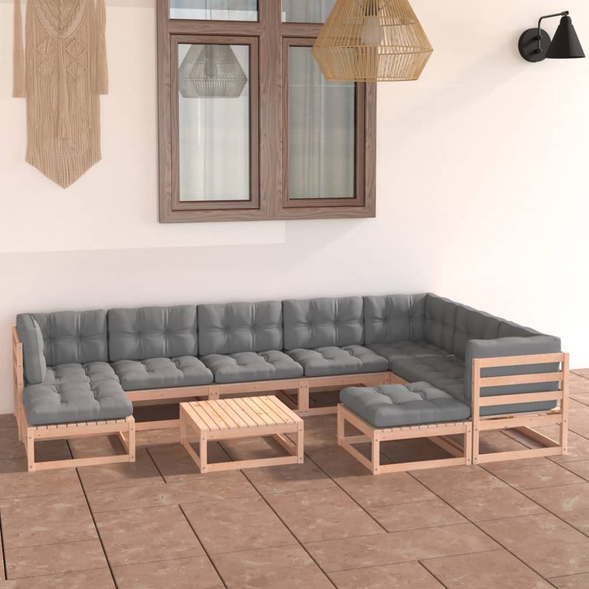 The Living Store 10-delige Loungeset met kussens massief grenenhout - Loungeset - Tuinset - Houten Lounge - Grenenhout - Buitenshuis Relaxen
