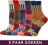 Winkrs - Warme Sokken Set Dames - 5 paar Vintage sokken met diverse kleuren, streepjes en figuren - Maat 35-39