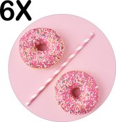BWK Stevige Ronde Placemat - Roze Donuts met Rietje - Set van 6 Placemats - 40x40 cm - 1 mm dik Polystyreen - Afneembaar
