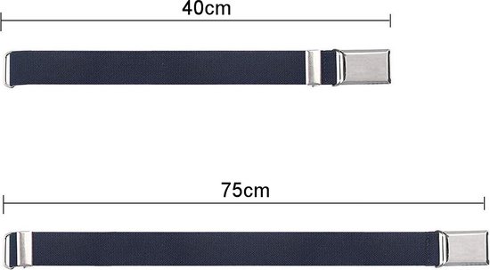 Donkerblauwe elastische riem van 40cm en 75cm lang, beide met zilveren gesp.