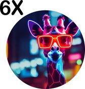 BWK Luxe Ronde Placemat - Giraf met Zonnebril in Neon Kleuren - Set van 6 Placemats - 40x40 cm - 2 mm dik Vinyl - Anti Slip - Afneembaar