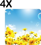 BWK Stevige Placemat - Gele Bloemen met Blauwe Lucht en Bellen - Set van 4 Placemats - 40x40 cm - 1 mm dik Polystyreen - Afneembaar