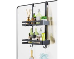 Doucherek om op te hangen, dubbel, doucheplank zonder boren, van roestvrij staal, eenvoudige bevestiging aan de glaswand zonder boren, douchemand om op te hangen, met 4 extra haken, zwart