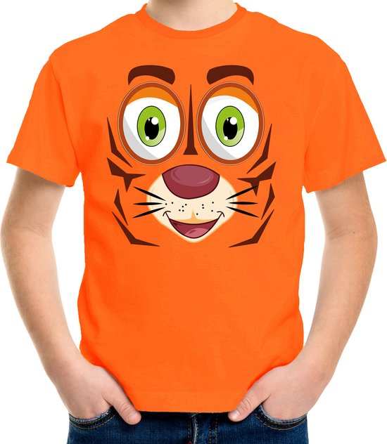 Bellatio Decorations dieren verkleed t-shirt kinderen - tijger gezicht - carnavalskleding - oranje 110/116