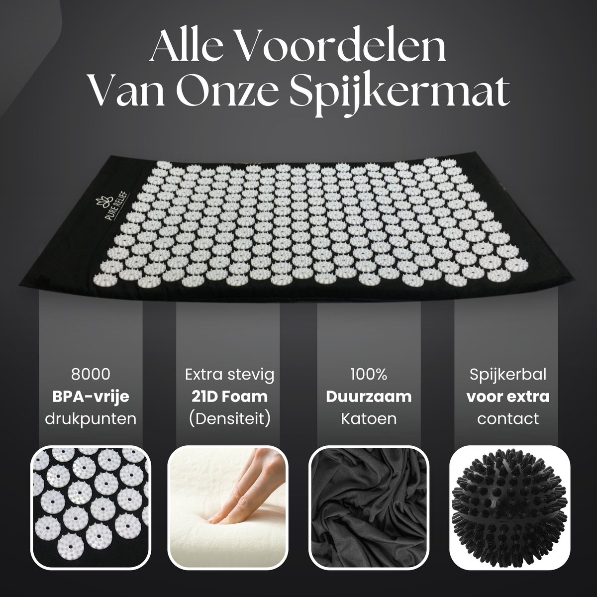 Pure Relief - Spijkermat Set met Speciaal Kussen Acupressuur met Acupunctuur Drukpunten Massagemat - 64cm bij 42cm - Zwart XL inclusief Spijkerbal thumbnail 2