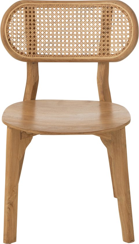 Houten stoel met een ronde, rieten rugleuning en een houten zitting.
