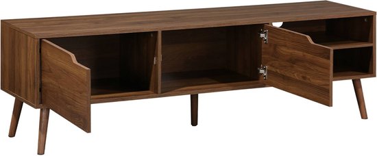 Meuble TV en noyer avec portes ouvertes, compartiments et pieds inclinés.