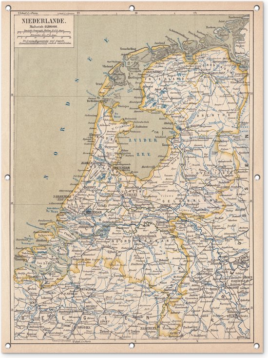 Tuinposter - Tuindoek - Tuinposters buiten - Kaart van Nederland uit 1877 - 90x120 cm - Tuin