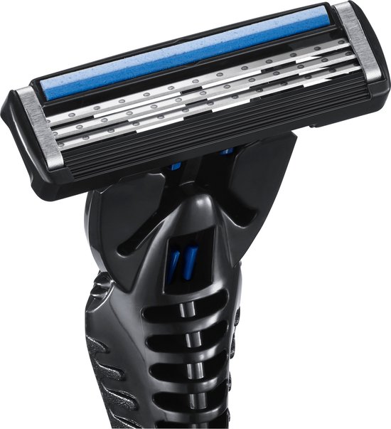 Rasoir BIC Hybrid 3 Flex avec manche noir et accents bleus, avec trois lames en titane.