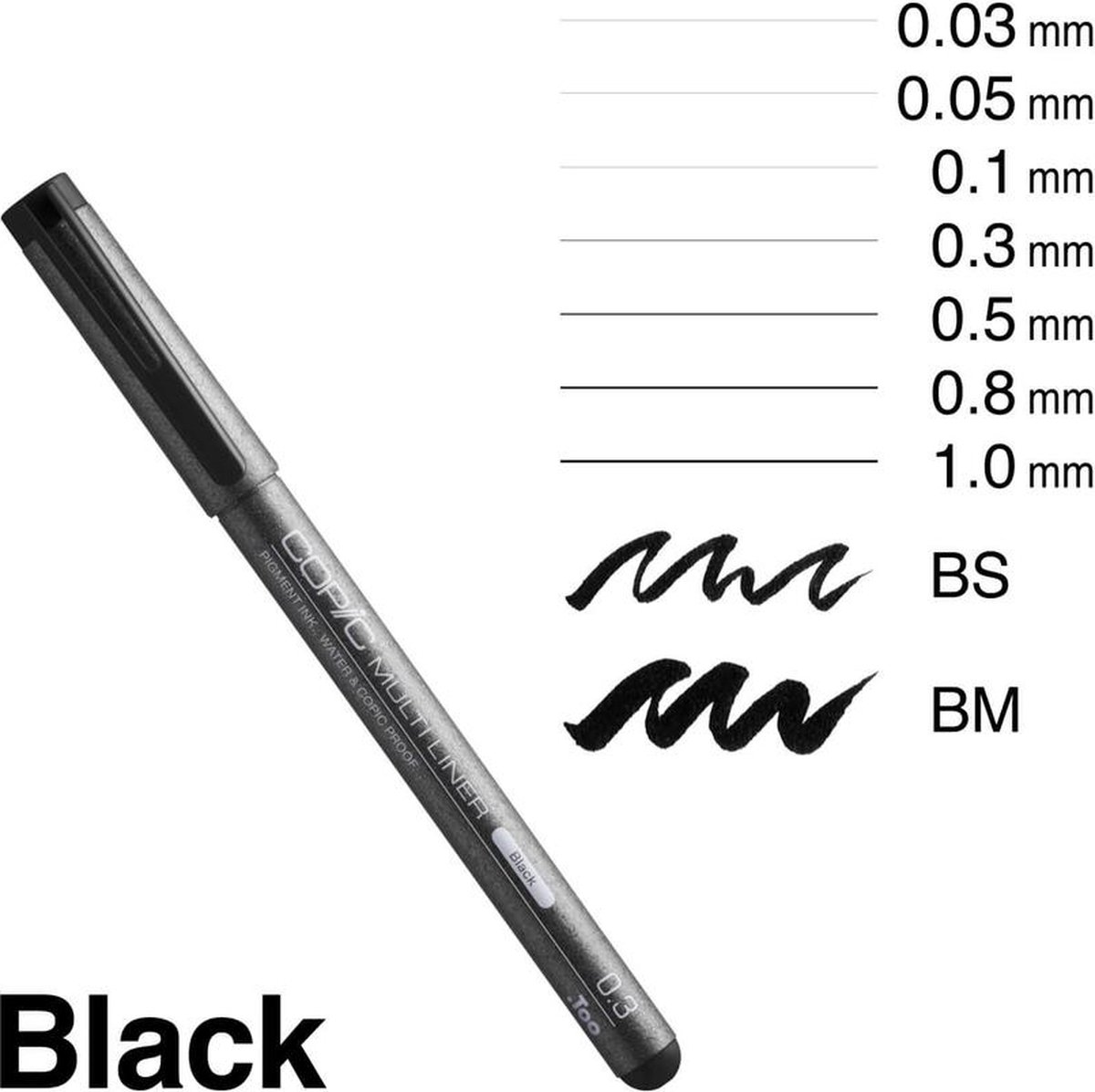COPIC Multiliner Set Zwart, 3 pennen in 3 verschillende lijndikten, tekenpennen met water- en alcoholbestendige pigmentinkt, voor schetsen, illustraties en contouren