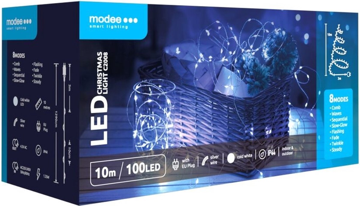 Modee Lighting - Kerstverlichting lichtsnoer - 10 meter 100leds - 6000K daglicht wit - 220V Adapter