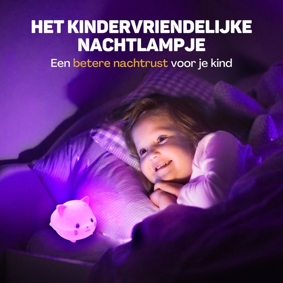 Vulpes Goods® Nachtlampje Kinderen - LED Licht & 8 Kleuren - Nachtlampje Babykamer - Poes - USB-Oplaadbaar - Dimmer - Timer - Draadloos - Kindvriendelijk van Vulpes Goods® — afbeelding 2
