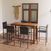 The Living Store Barset Elegant - Bois d'acacia Massief - 150x70x105 cm (LxPxH) - Grijs - Poly rotin - Acier enduit de poudre - 52x56x118 cm (LxPxH) - Hauteur d'assise 80 cm - 1 Table - 6 Tabourets de bar