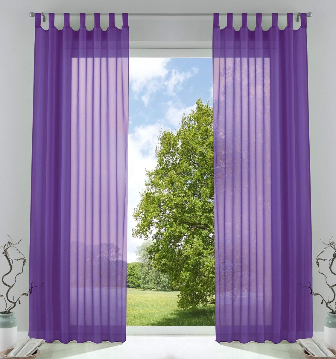 Set van 2 gordijnen, transparante gordijnset, woonkamer, voile lussengordijn met loden tape, H x B 245 x 140 cm, paars, CN