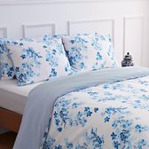 Beddengoedset 135 x 200 katoen omkeerbaar strepen bloemen blauw dekbedovertrekken (135 x 200 + 80 x 80 cm)